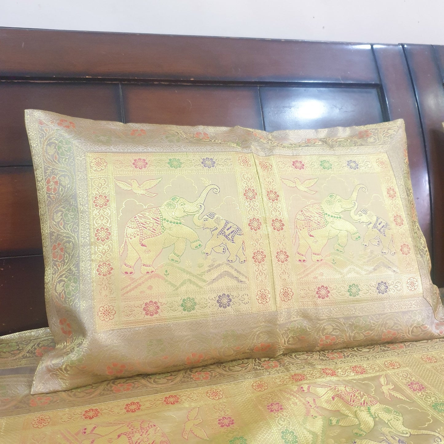 Beige Banarasi Bed Cushion & Pillow Cover Set Elephant Silk & Woven Brocade Gift