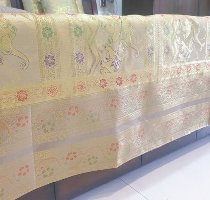 Beige Banarasi Bed Cushion & Pillow Cover Set Elephant Silk & Woven Brocade Gift