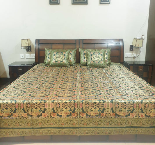 Banarasi Bed Cushion & Pillow Cover Set Elephant Dark Green Woven Brocade Gift