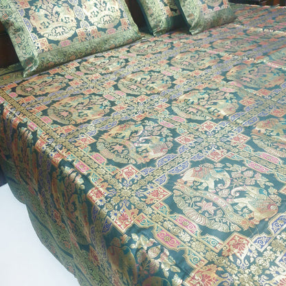 Banarasi Bed Cushion & Pillow Cover Set Elephant Dark Green Woven Brocade Gift