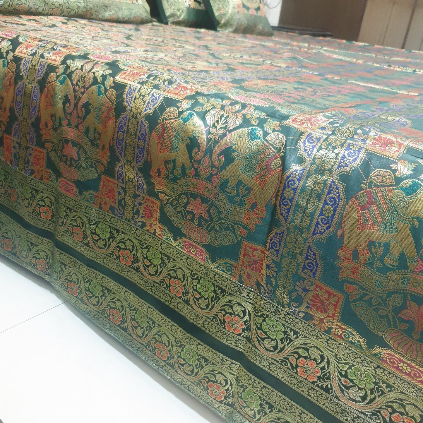 Banarasi Bed Cushion & Pillow Cover Set Elephant Dark Green Woven Brocade Gift
