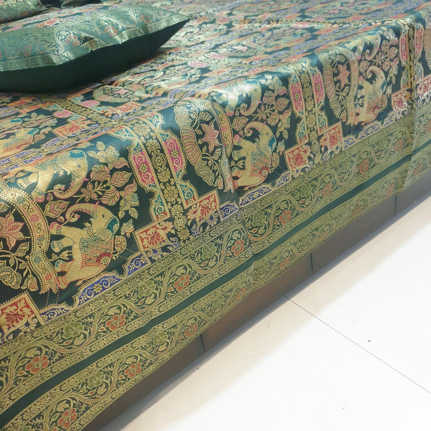Banarasi Bed Cushion & Pillow Cover Set Elephant Dark Green Woven Brocade Gift