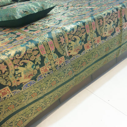 Banarasi Bed Cushion & Pillow Cover Set Elephant Dark Green Woven Brocade Gift