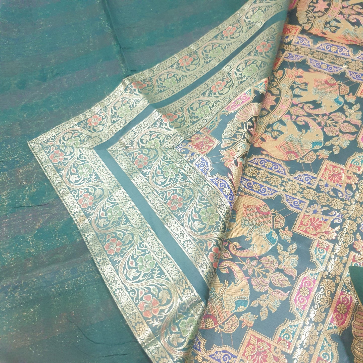 Banarasi Bed Cushion & Pillow Cover Set Elephant Dark Green Woven Brocade Gift