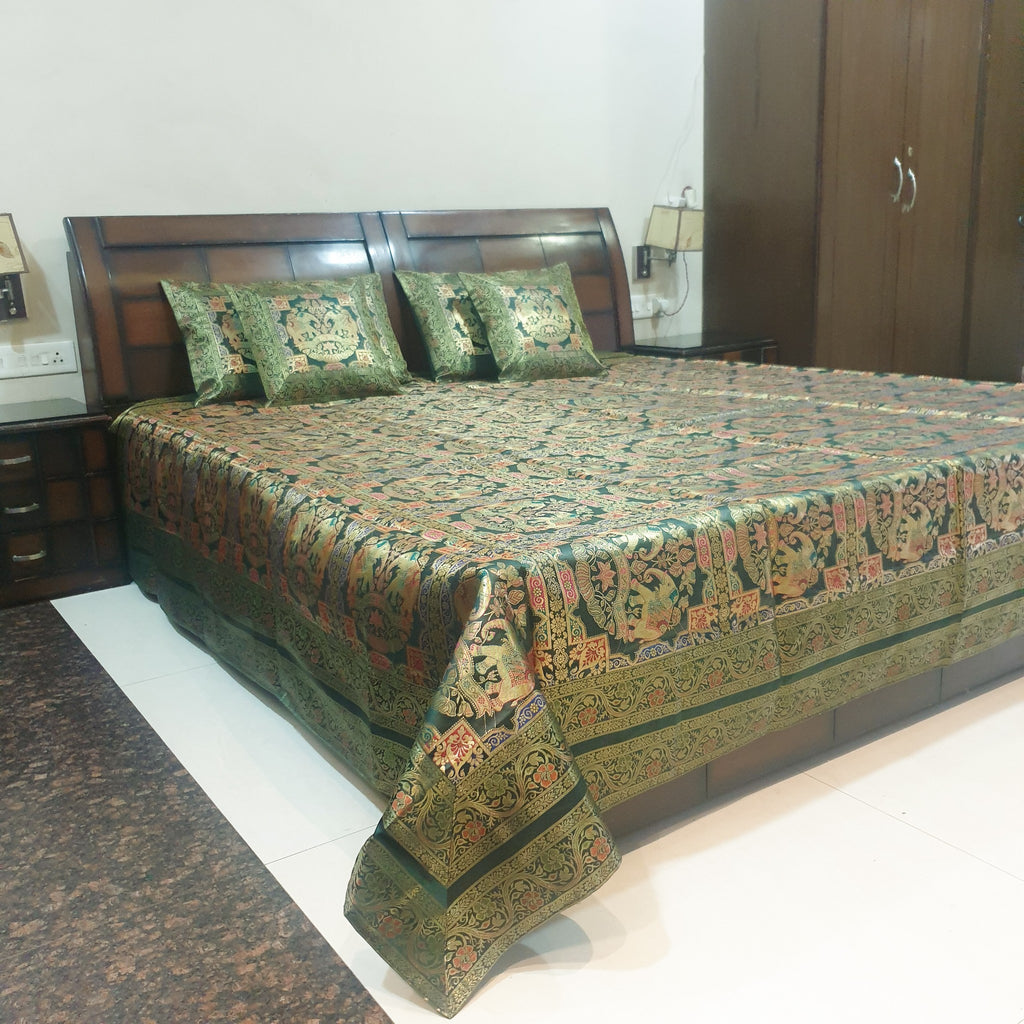 Banarasi Bed Cushion & Pillow Cover Set Elephant Dark Green Woven Brocade Gift