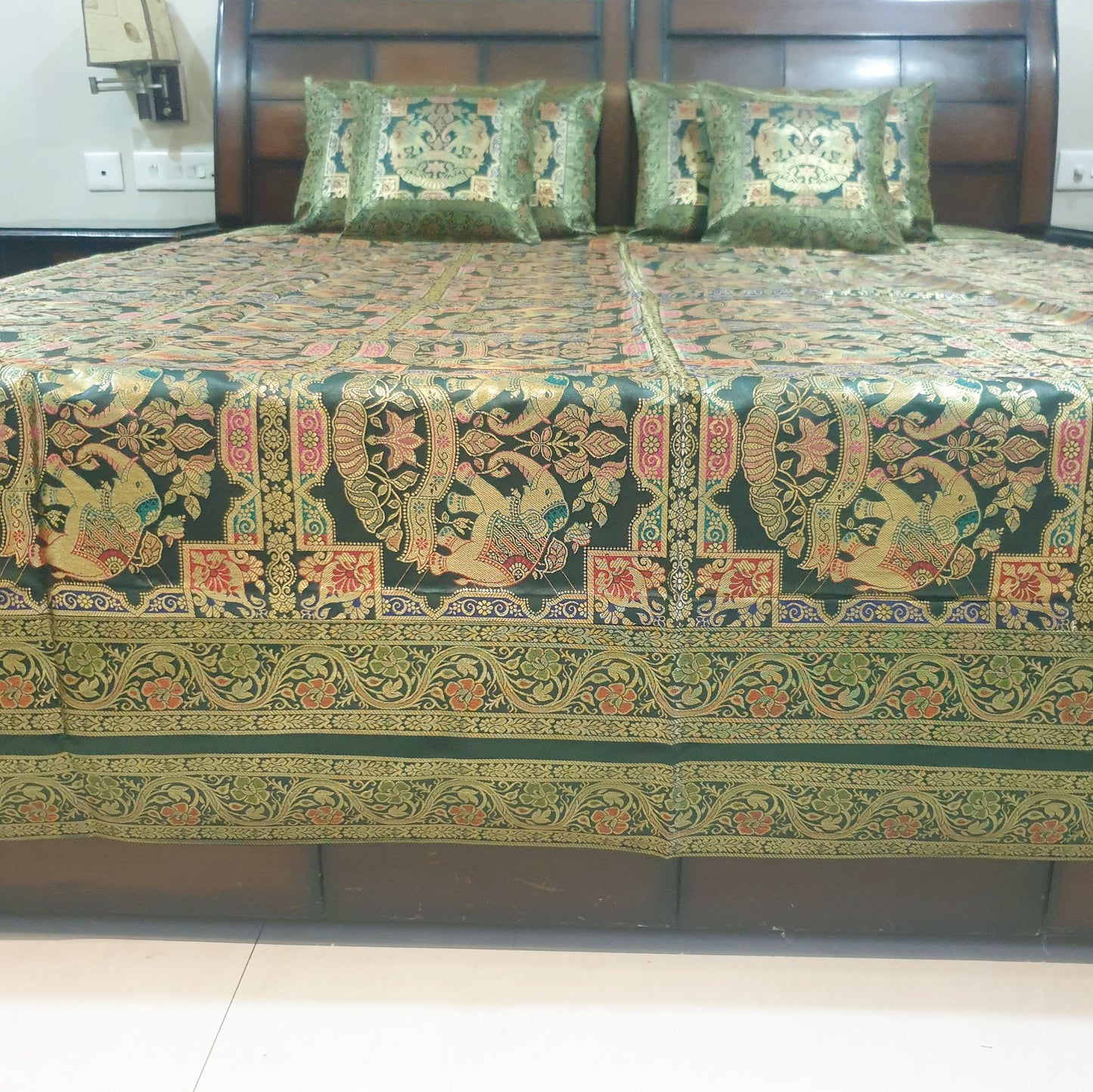Banarasi Bed Cushion & Pillow Cover Set Elephant Dark Green Woven Brocade Gift