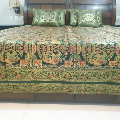 Banarasi Bed Cushion & Pillow Cover Set Elephant Dark Green Woven Brocade Gift