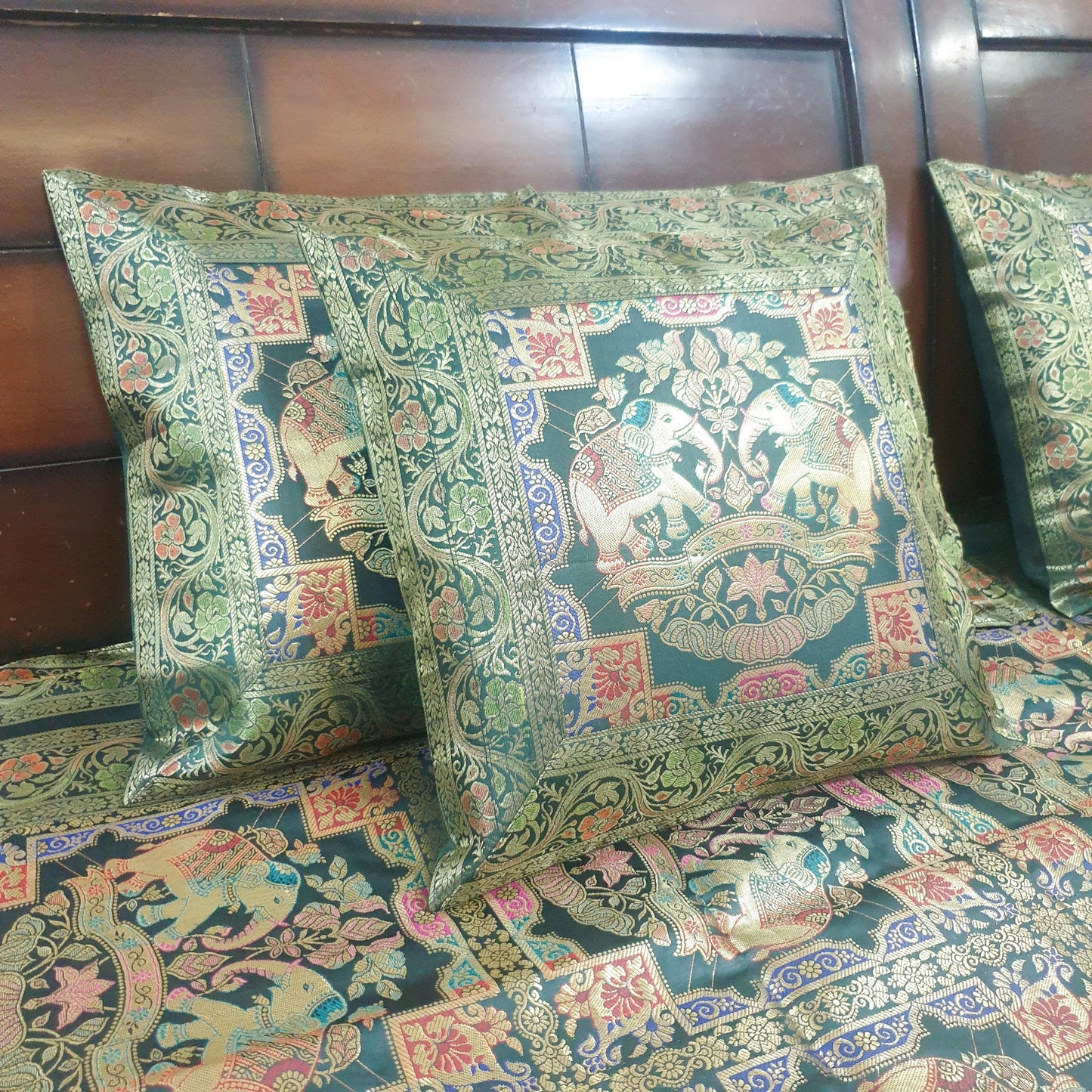Banarasi Bed Cushion & Pillow Cover Set Elephant Dark Green Woven Brocade Gift