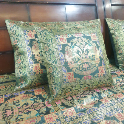 Banarasi Bed Cushion & Pillow Cover Set Elephant Dark Green Woven Brocade Gift