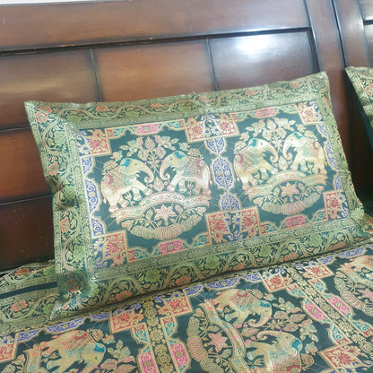 Banarasi Bed Cushion & Pillow Cover Set Elephant Dark Green Woven Brocade Gift