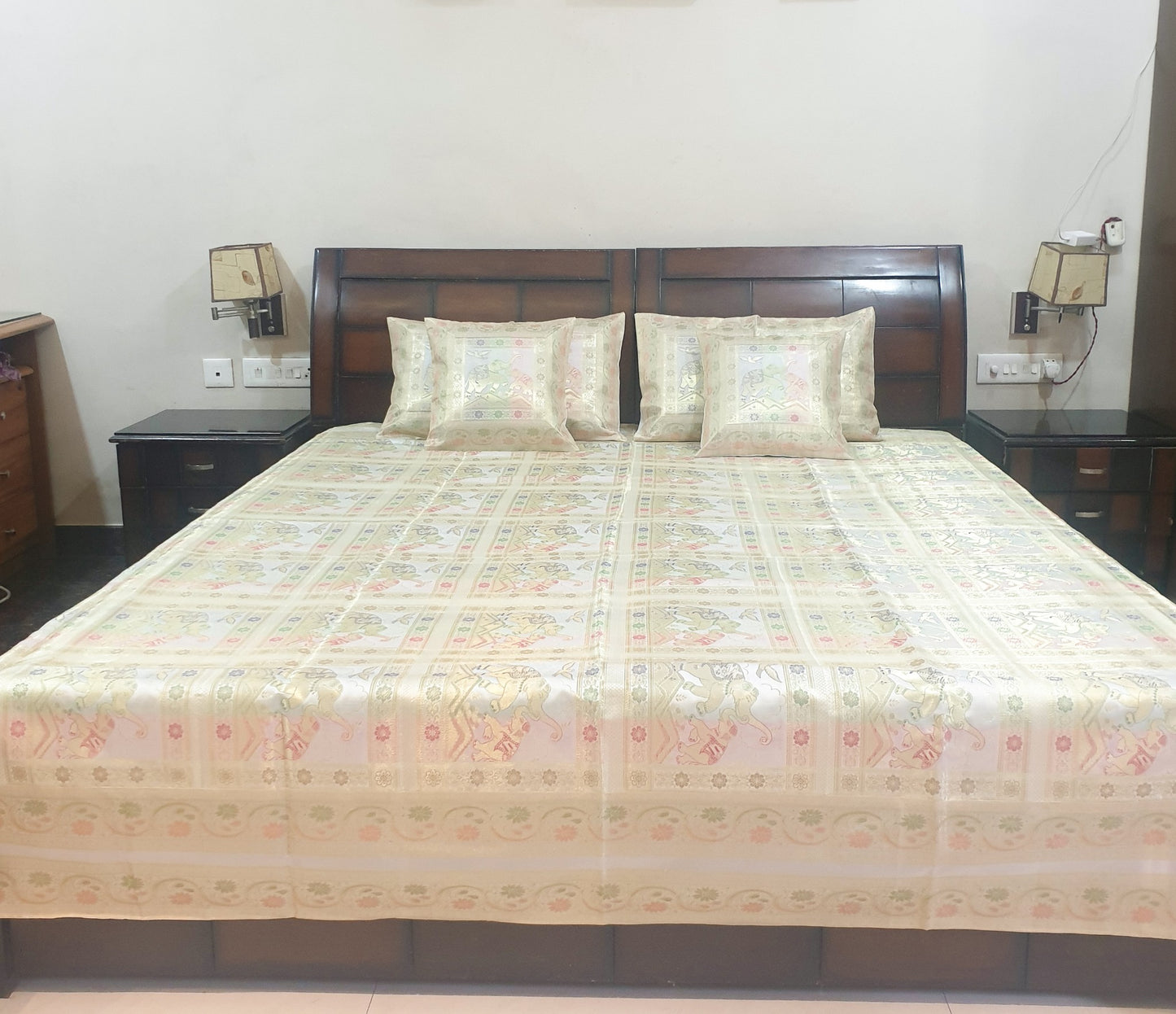 Banarasi Bed Cushion & Pillow Cover Set White Elephant Silk & Woven Brocade Gift