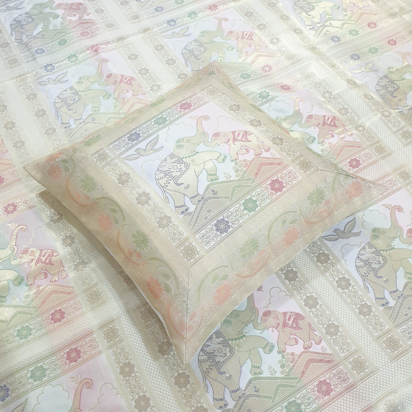 Banarasi Bed Cushion & Pillow Cover Set White Elephant Silk & Woven Brocade Gift