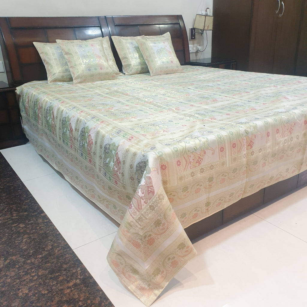 Banarasi Bed Cushion & Pillow Cover Set White Elephant Silk & Woven Brocade Gift