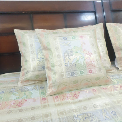Banarasi Bed Cushion & Pillow Cover Set White Elephant Silk & Woven Brocade Gift