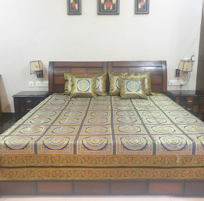 Banarasi  Bed Cushion & Pillow Cover Dark Blue Peacock Set Silk & Woven Brocade