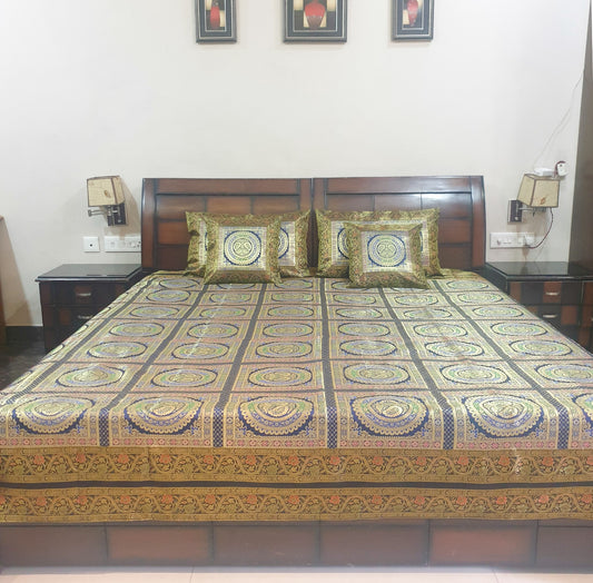 Banarasi  Bed Cushion & Pillow Cover Dark Blue Peacock Set Silk & Woven Brocade