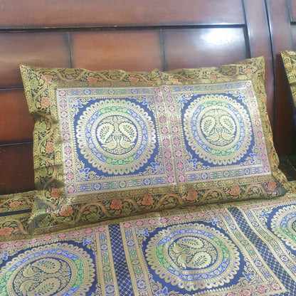 Banarasi  Bed Cushion & Pillow Cover Dark Blue Peacock Set Silk & Woven Brocade