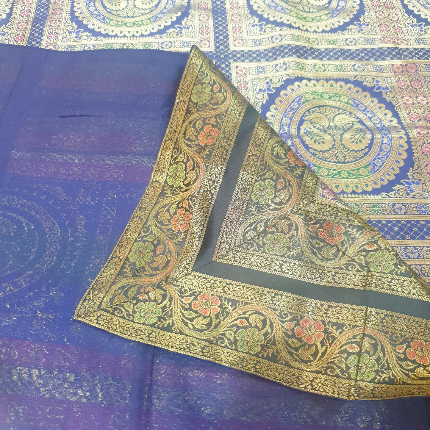 Banarasi  Bed Cushion & Pillow Cover Dark Blue Peacock Set Silk & Woven Brocade