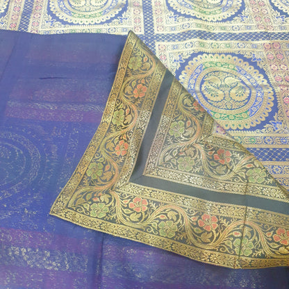 Banarasi  Bed Cushion & Pillow Cover Dark Blue Peacock Set Silk & Woven Brocade