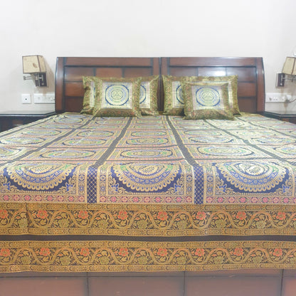 Banarasi  Bed Cushion & Pillow Cover Dark Blue Peacock Set Silk & Woven Brocade