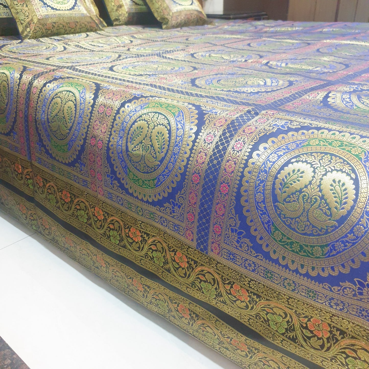 Banarasi  Bed Cushion & Pillow Cover Dark Blue Peacock Set Silk & Woven Brocade