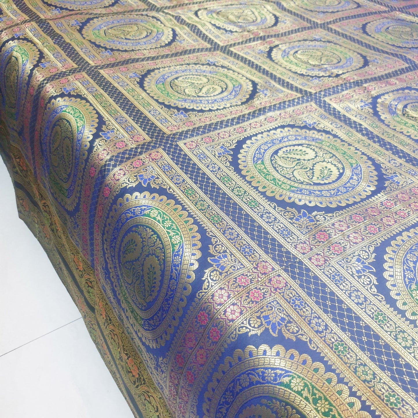 Banarasi  Bed Cushion & Pillow Cover Dark Blue Peacock Set Silk & Woven Brocade