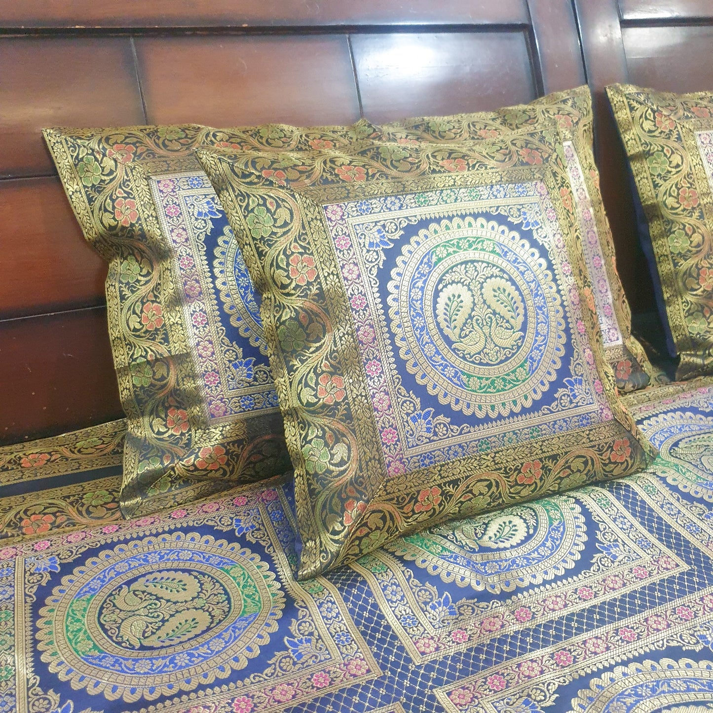 Banarasi  Bed Cushion & Pillow Cover Dark Blue Peacock Set Silk & Woven Brocade
