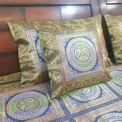 Banarasi  Bed Cushion & Pillow Cover Dark Blue Peacock Set Silk & Woven Brocade