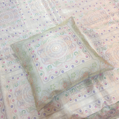 Banarasi Bed Cushion & Pillow Cover Gray Set Mandala Woven Zari Brocade Gift