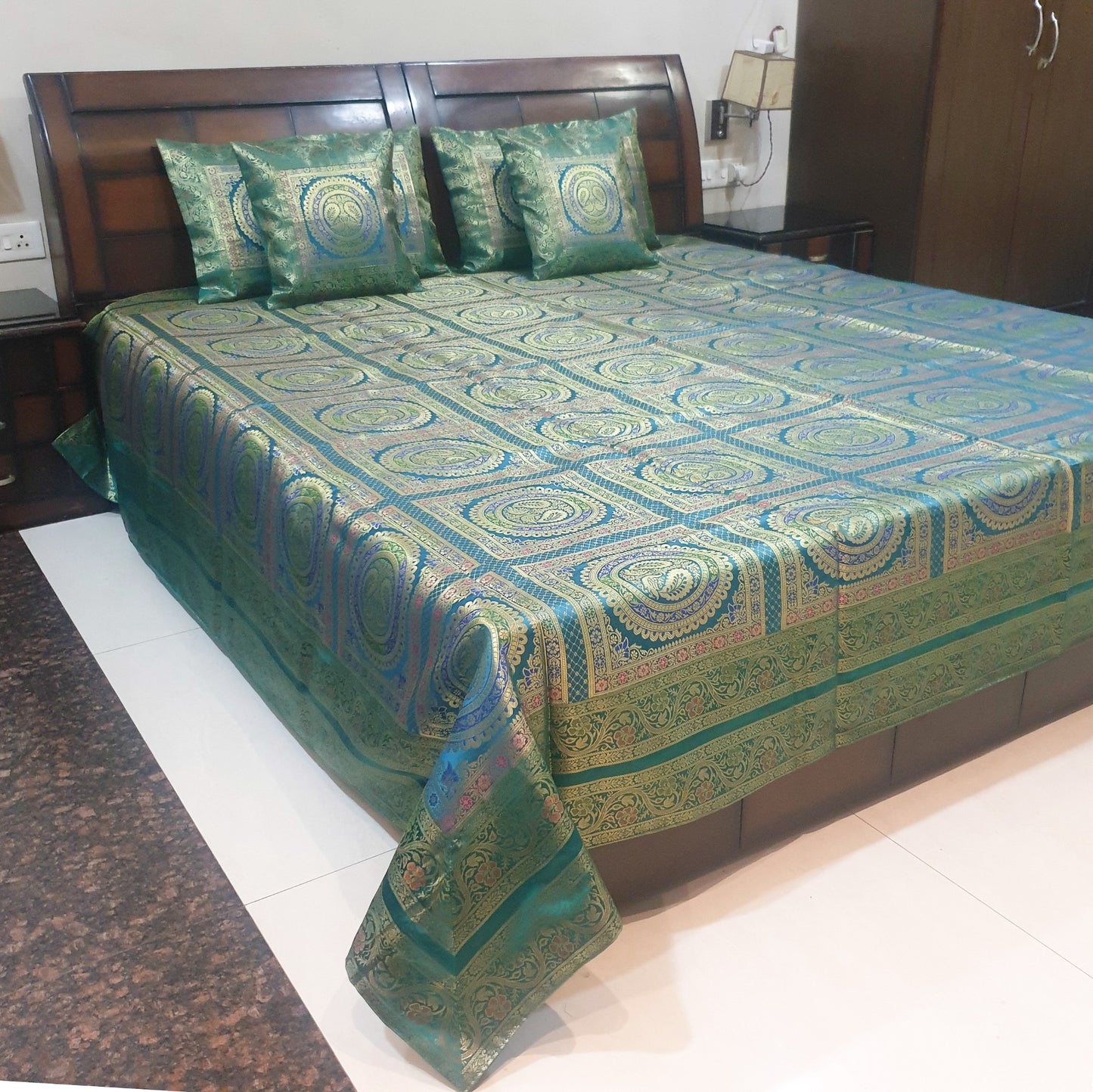 Banarasi  Bed Cushion & Pillow Cover Silk & Woven Zari Brocade Peacock Green Set