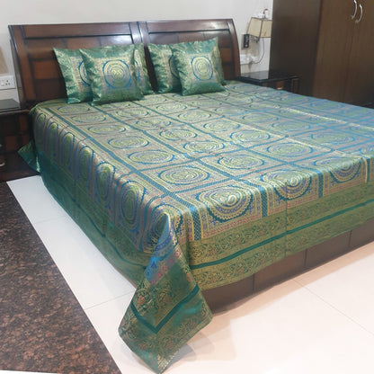 Banarasi  Bed Cushion & Pillow Cover Silk & Woven Zari Brocade Peacock Green Set