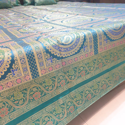 Banarasi  Bed Cushion & Pillow Cover Silk & Woven Zari Brocade Peacock Green Set