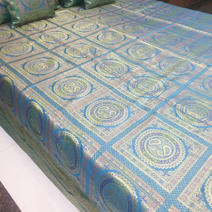 Banarasi  Bed Cushion & Pillow Cover Silk & Woven Zari Brocade Peacock Green Set