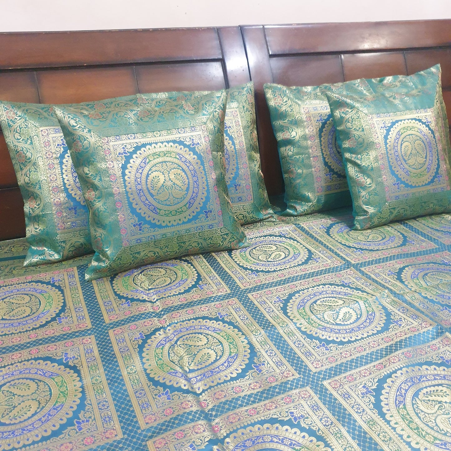Banarasi  Bed Cushion & Pillow Cover Silk & Woven Zari Brocade Peacock Green Set