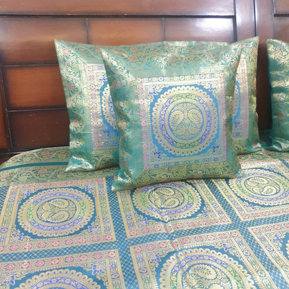 Banarasi  Bed Cushion & Pillow Cover Silk & Woven Zari Brocade Peacock Green Set