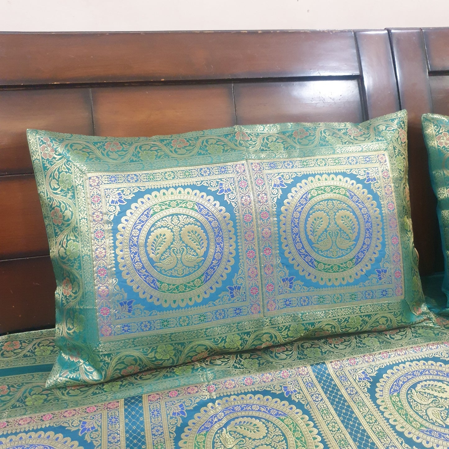 Banarasi  Bed Cushion & Pillow Cover Silk & Woven Zari Brocade Peacock Green Set