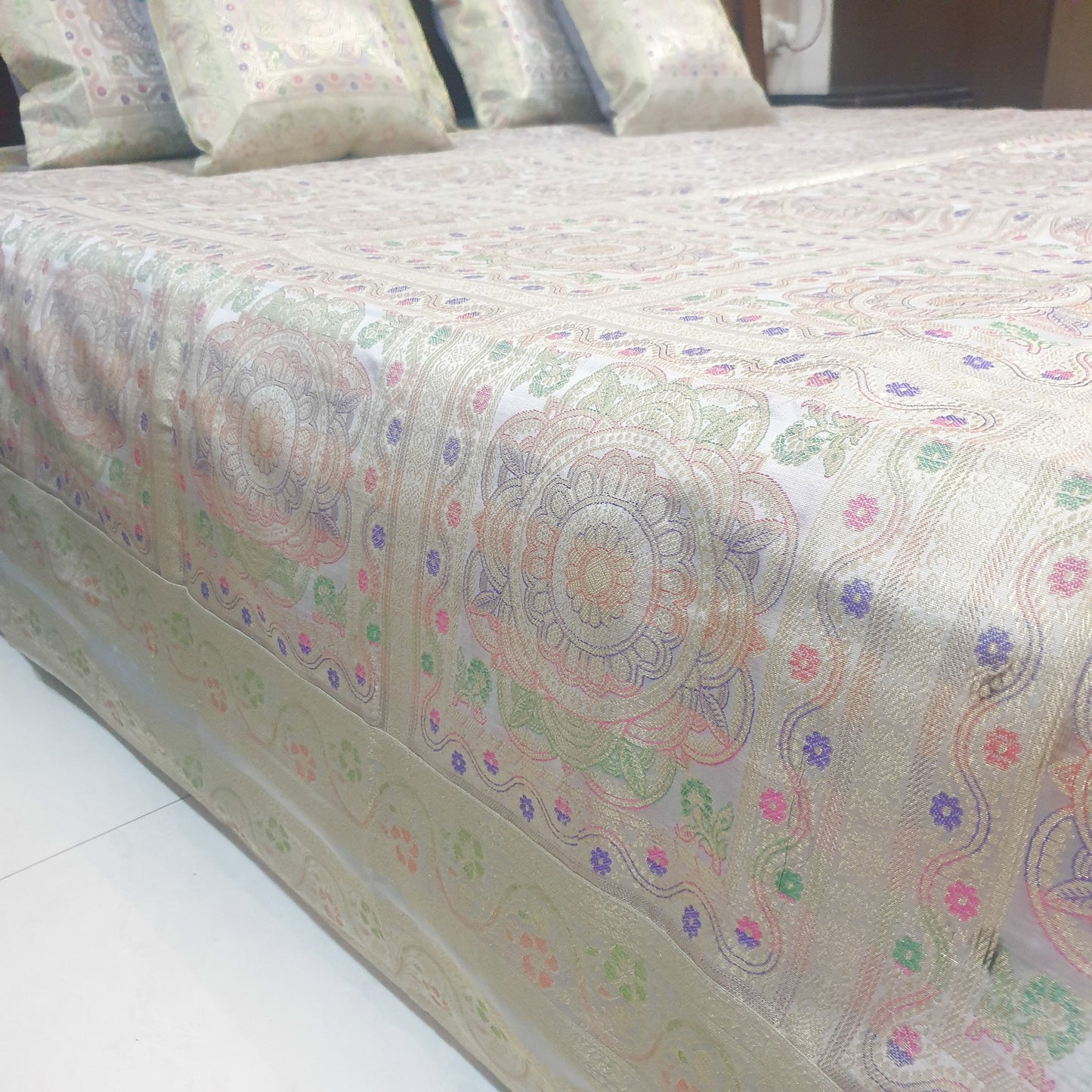 Banarasi Bed Cushion & Pillow Cover Gray Set Mandala Woven Zari Brocade Gift