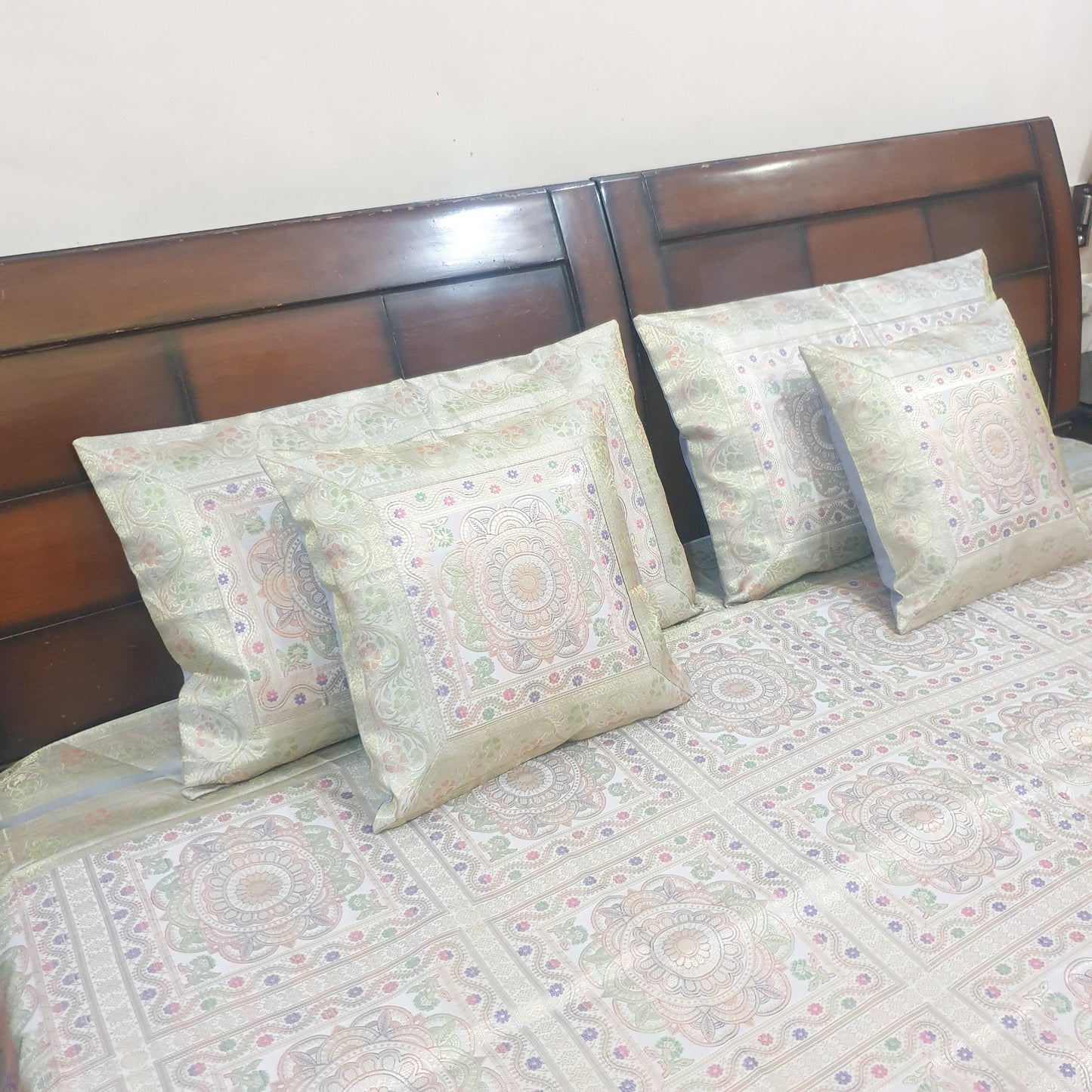 Banarasi Bed Cushion & Pillow Cover Gray Set Mandala Woven Zari Brocade Gift