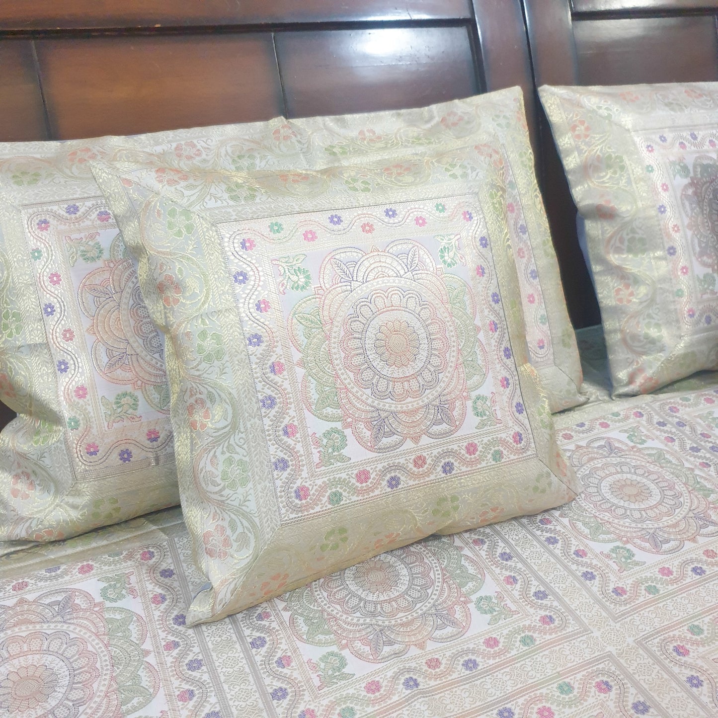 Banarasi Bed Cushion & Pillow Cover Gray Set Mandala Woven Zari Brocade Gift