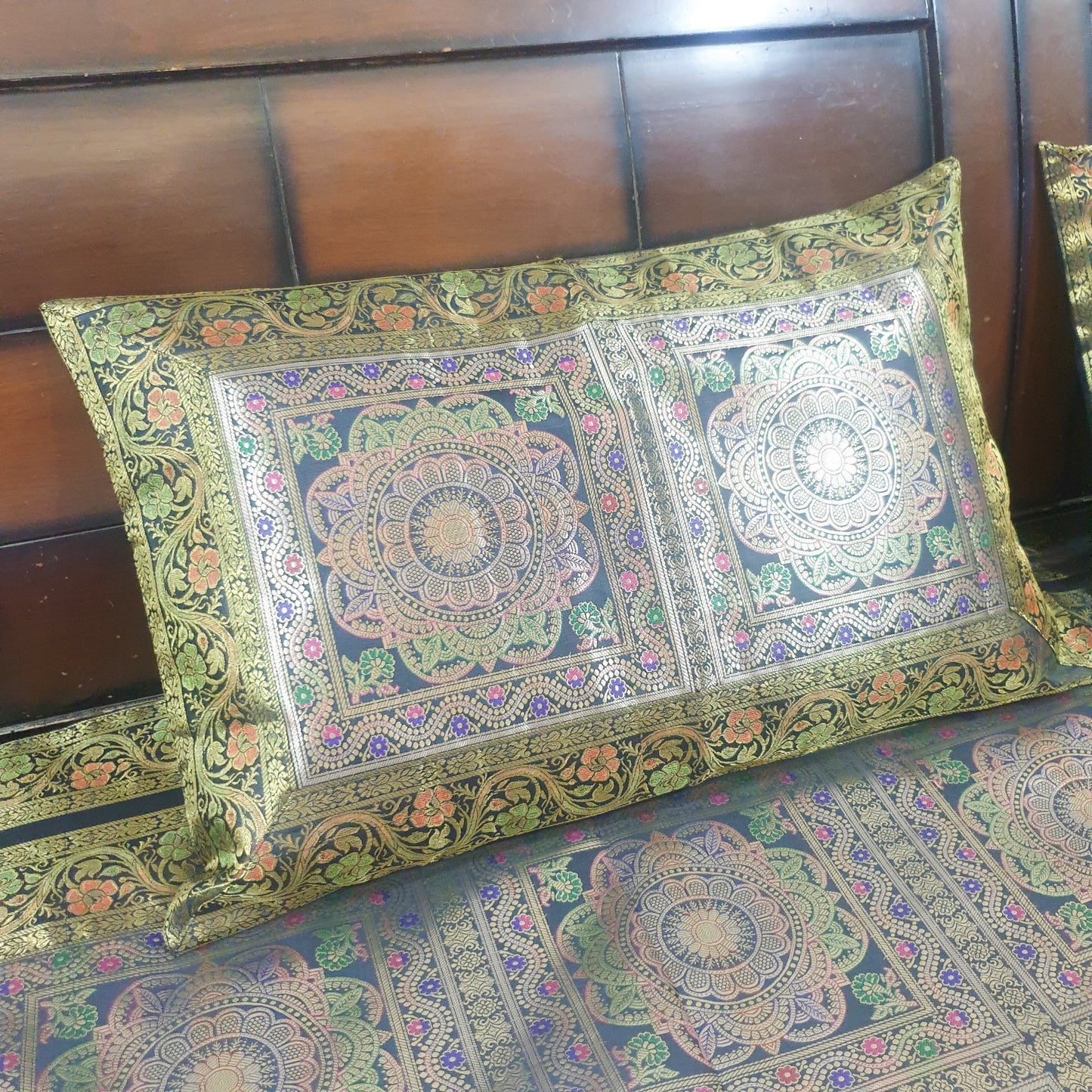 Black Banarasi Bed Cushion & Pillow Cover Set Mandala Woven Zari Brocade Gift