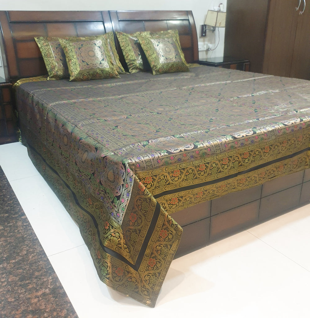 Black Banarasi Bed Cushion & Pillow Cover Set Mandala Woven Zari Brocade Gift