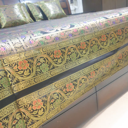 Black Banarasi Bed Cushion & Pillow Cover Set Mandala Woven Zari Brocade Gift