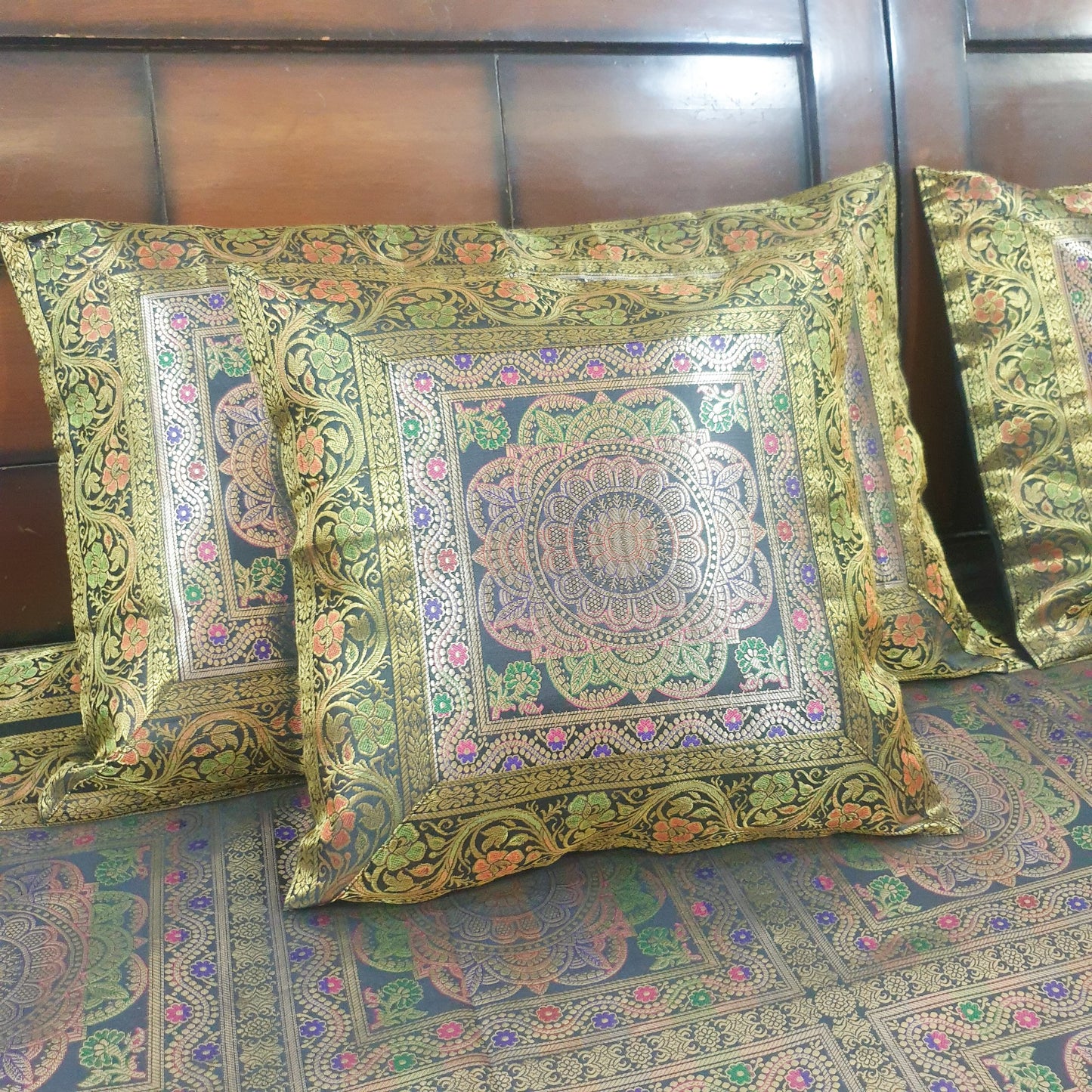 Black Banarasi Bed Cushion & Pillow Cover Set Mandala Woven Zari Brocade Gift