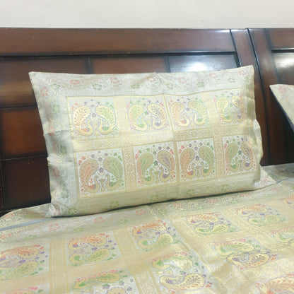 Banarasi  Bed Cushion & Pillow Cover Silk & Woven Zari Brocade Peacock Gray Set