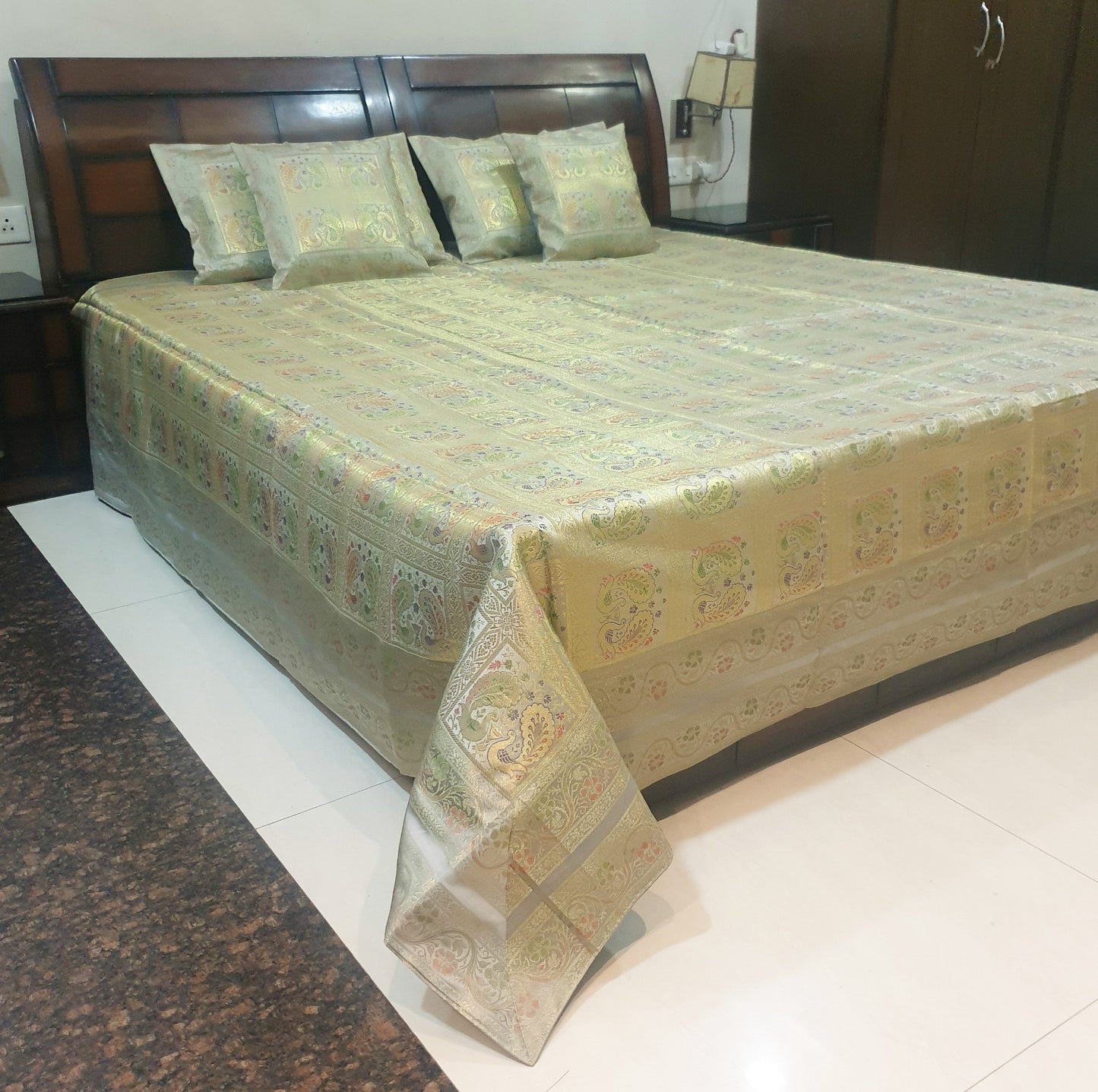 Banarasi  Bed Cushion & Pillow Cover Silk & Woven Zari Brocade Peacock Gray Set