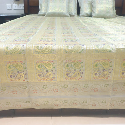 Banarasi  Bed Cushion & Pillow Cover Silk & Woven Zari Brocade Peacock Gray Set