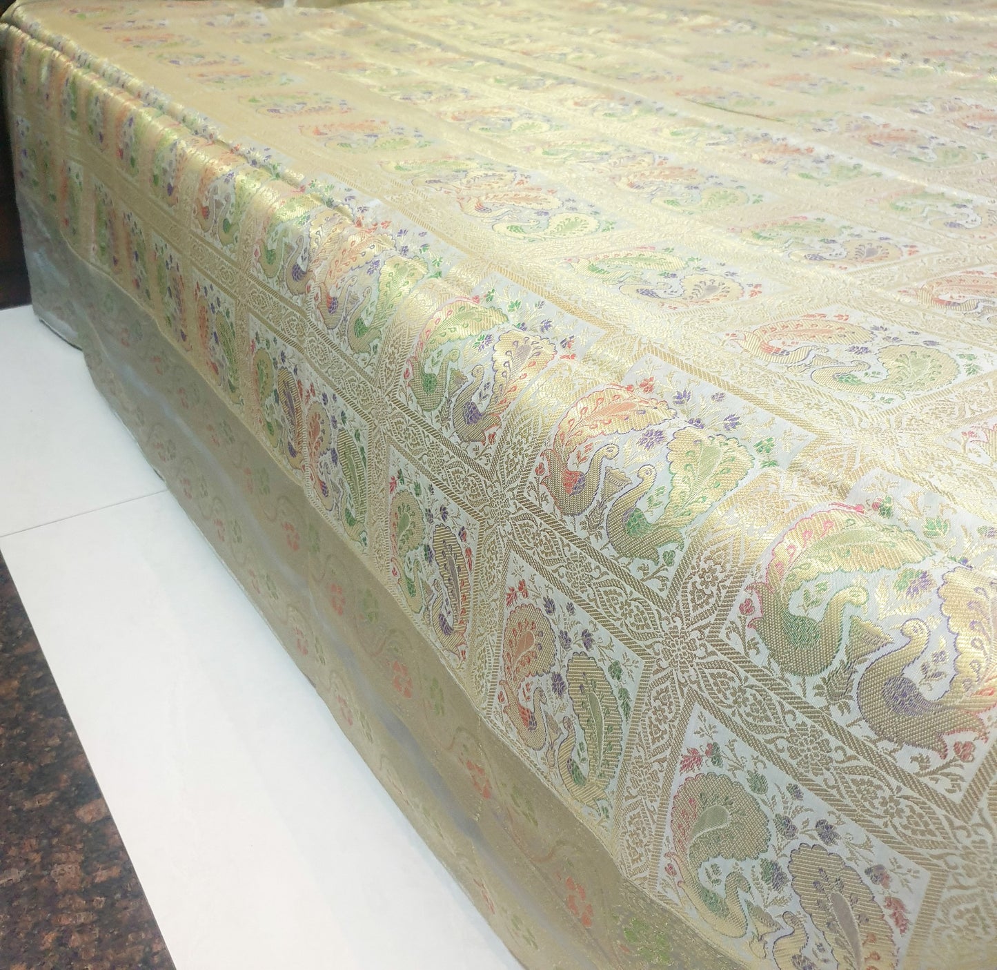 Banarasi  Bed Cushion & Pillow Cover Silk & Woven Zari Brocade Peacock Gray Set