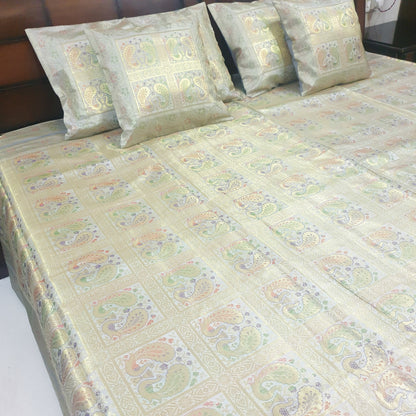 Banarasi  Bed Cushion & Pillow Cover Silk & Woven Zari Brocade Peacock Gray Set