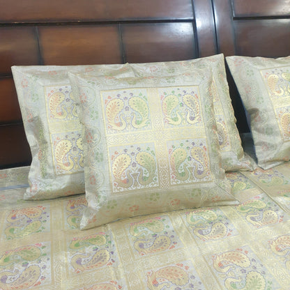 Banarasi  Bed Cushion & Pillow Cover Silk & Woven Zari Brocade Peacock Gray Set