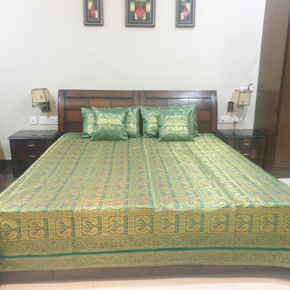 Banarasi Bed Cushion & Pillow Cover Teal Green Peacock Set Silk & Woven Brocade